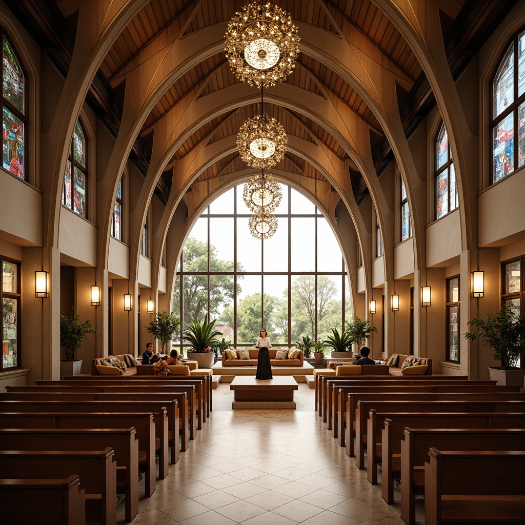 Prompt: Elegant worship hall, curved lines, minimalist decor, sacred symbols, stained glass windows, vaulted ceilings, ornate chandeliers, polished marble floors, serene ambiance, soft warm lighting, shallow depth of field, 3/4 composition, panoramic view, realistic textures, ambient occlusion, futuristic pulpit, sleek metal accents, geometric patterns, celestial-inspired motifs, ethereal atmosphere, spiritual connectivity.