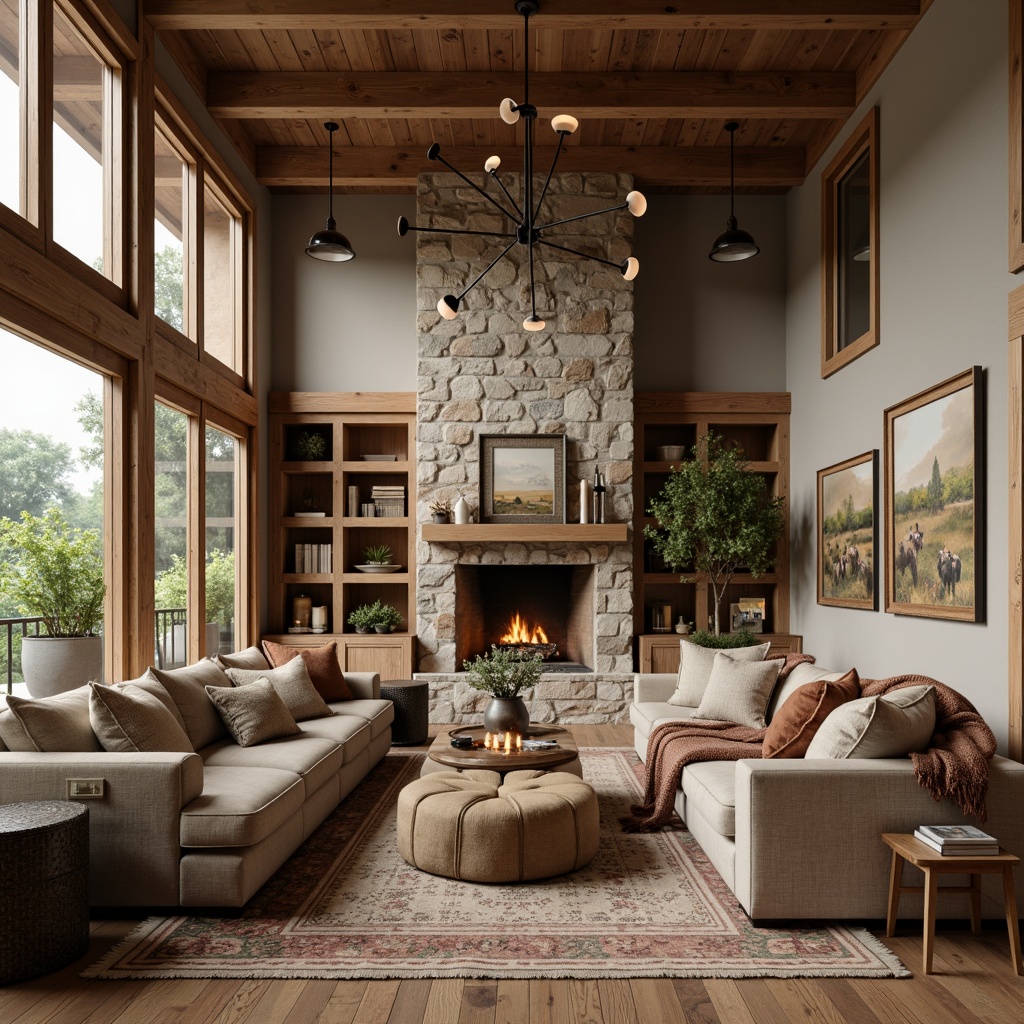 Prompt: Rustic luxury living room, wooden accents, reclaimed wood flooring, natural stone walls, earthy color palette, warm beige tones, distressed wood furniture, velvet upholstery, metallic lighting fixtures, bronze hardware, woven textiles, organic patterns, natural fibers, cozy throw blankets, crackling fireplace, soft candlelight, shallow depth of field, 1/1 composition, atmospheric perspective.