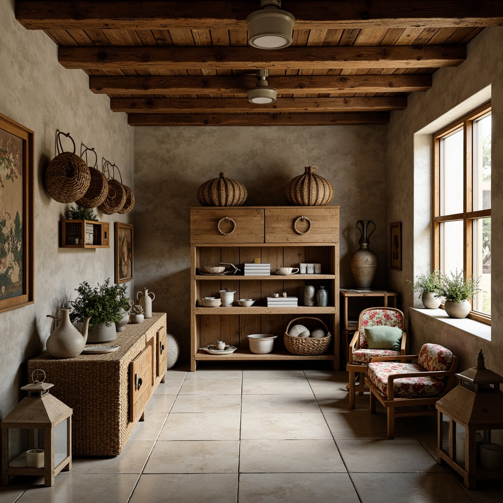 Prompt: Rustic storage room, distressed wood accents, vintage metal hardware, soft warm lighting, natural stone walls, earthy color palette, woven baskets, antique furniture pieces, floral patterned textiles, aged wooden crates, decorative ceramic vases, rustic metal lanterns, French country style, cozy intimate atmosphere, shallow depth of field, 1/1 composition, realistic textures, ambient occlusion.