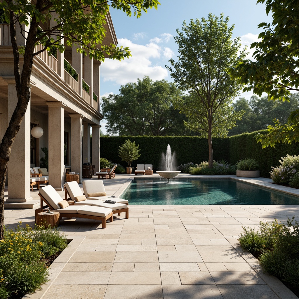 Prompt: Timeless pool deck, natural stone pavers, elegant columns, ornate balustrades, carved wooden accents, refined outdoor furniture, plush greenery, blooming flowers, serene water features, sparkling fountain, warm sunny day, soft gentle lighting, shallow depth of field, 3/4 composition, symmetrical layout, classic architectural details, rustic textures, ambient occlusion.