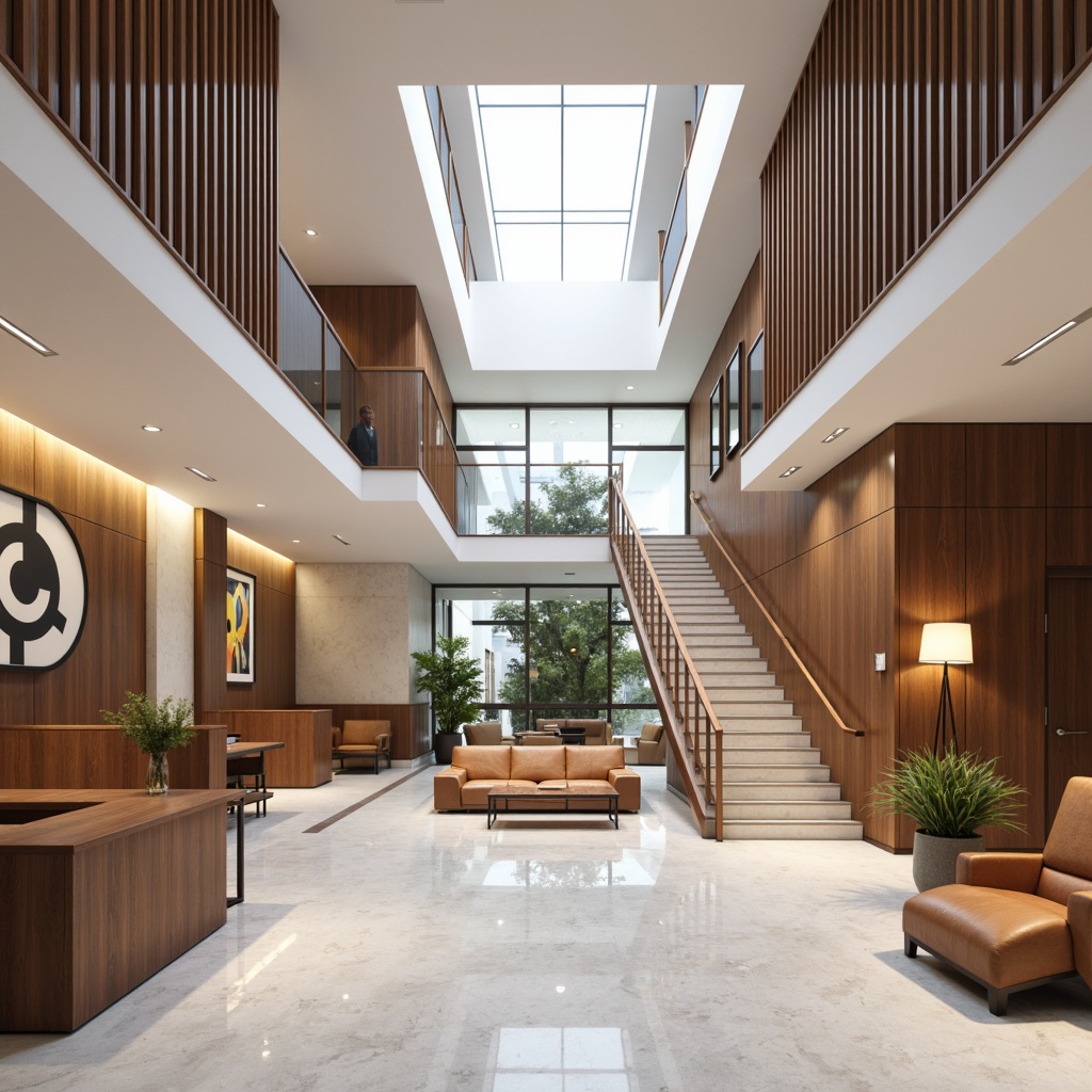 Prompt: Modern courthouse interior, sleek lines, minimalist decor, neutral color palette, polished marble floors, wooden accents, high ceilings, grand staircase, open atrium, natural light, subtle texture variations, metallic fixtures, contemporary furniture, geometric patterns, abstract artwork, calm atmosphere, soft warm lighting, 1/2 composition, realistic rendering, ambient occlusion.