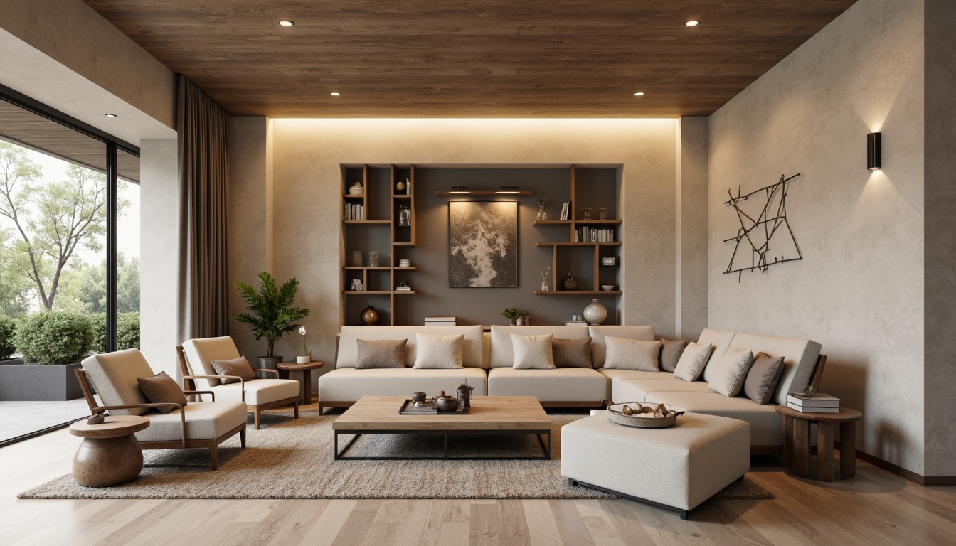 Prompt: Neutral-toned walls, textured finishes, natural materials, earthy color palette, subtle pattern accents, minimalist decor, transitional furniture pieces, sleek metal fixtures, ambient lighting, soft warm glow, 3/4 composition, shallow depth of field, realistic textures, gentle color gradations.