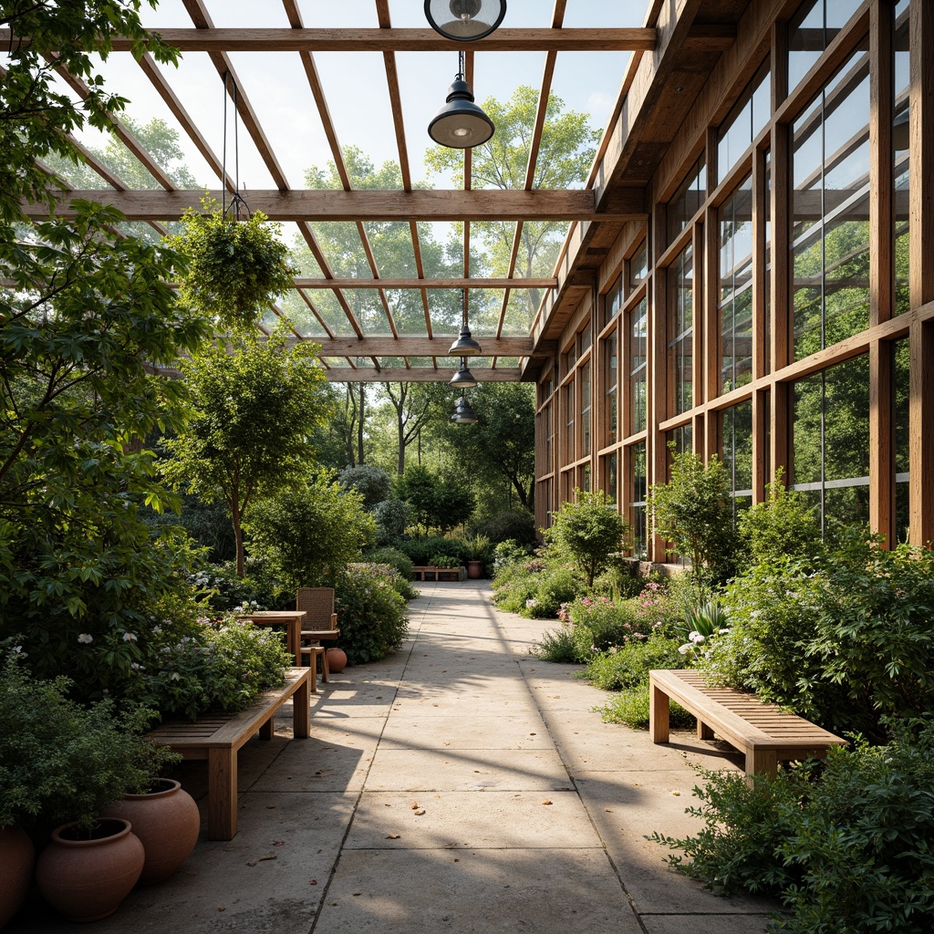 Prompt: Natural greenhouse setting, lush greenery, reclaimed wood accents, industrial metal frames, minimalist benches, potted plants, terracotta pots, earthy color palette, rustic stone flooring, glass roofs, abundant natural light, soft warm ambiance, shallow depth of field, 3/4 composition, panoramic view, realistic textures, ambient occlusion.