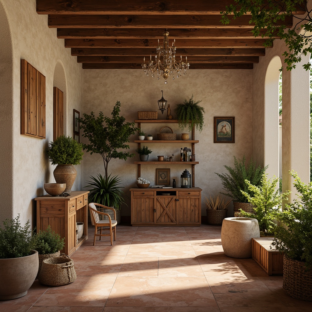 Prompt: Rustic storage room, distressed wood accents, soft warm lighting, vintage metal lanterns, creamy white walls, earthy terracotta floors, wooden crates, woven baskets, lush greenery, natural stone shelves, elegant chandeliers, warm beige tones, cozy atmosphere, subtle shadows, 1/1 composition, realistic textures, ambient occlusion.