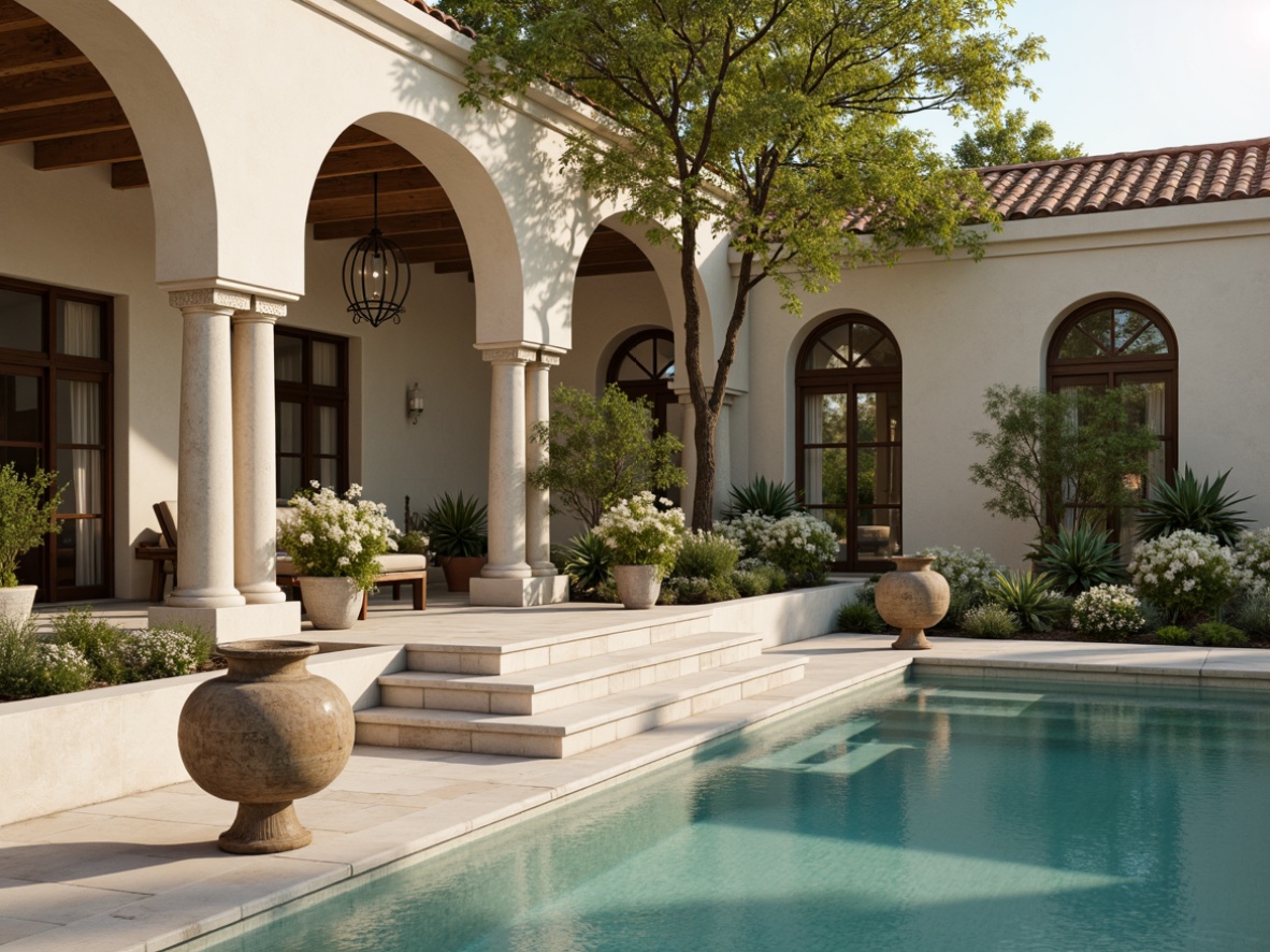 Prompt: Elegant pool deck, symmetrical columns, ornate railings, travertine flooring, cream-colored stucco walls, arched windows, classic urns, lush greenery, blooming flowers, gentle water features, soft warm lighting, shallow depth of field, 3/4 composition, realistic textures, ambient occlusion.