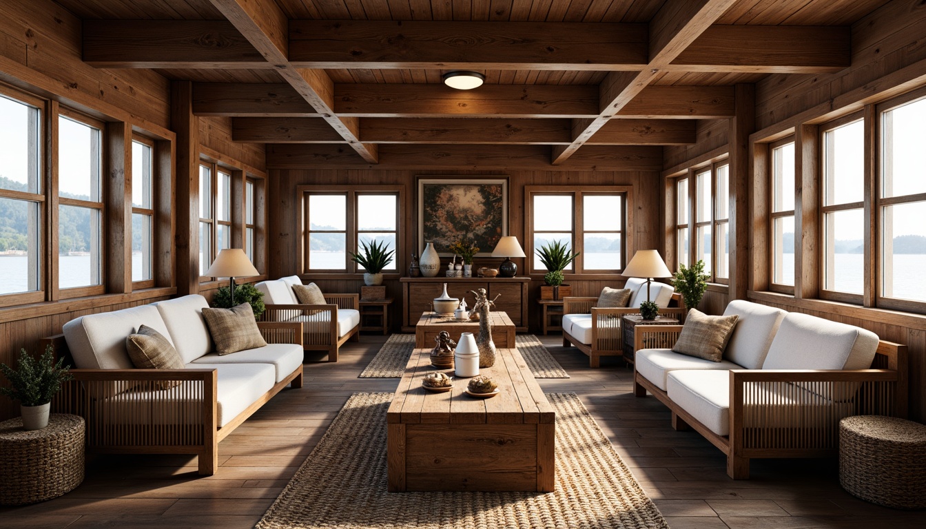 Prompt: Rustic boathouse interior, wooden accents, nautical elements, plush sectional sofas, reclaimed wood coffee tables, vintage sailing artifacts, woven wicker chairs, natural fiber rugs, earthy color palette, soft warm lighting, shallow depth of field, 3/4 composition, panoramic view, realistic textures, ambient occlusion.