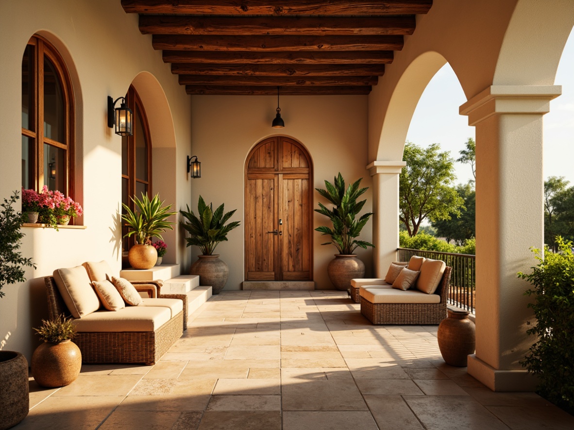 Prompt: Warm Mediterranean interior, soft golden lighting, rustic wooden beams, natural stone floors, creamy white walls, ornate metal lanterns, warm terracotta accents, lush greenery, vibrant flowers, cozy nooks, plush furnishings, ambient warm glow, shallow depth of field, 3/4 composition, realistic textures, subtle shadows, relaxed atmosphere.