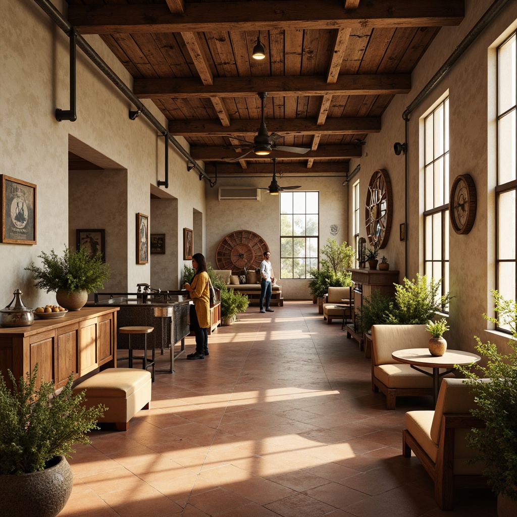 Prompt: Warm beige walls, rustic wooden accents, distressed metal fixtures, earthy terracotta floors, natural stone countertops, soft sage greenery, creamy whites, weathered wood beams, industrial metal pipes, vintage machinery, worn leather textures, warm golden lighting, shallow depth of field, 1/1 composition, realistic reflections, ambient occlusion.