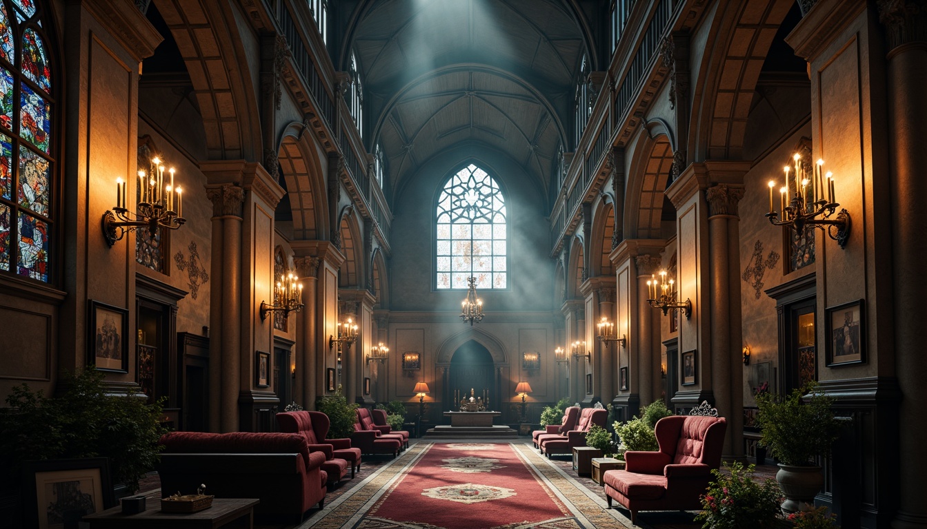 Prompt: Elegant Gothic interior, grand chandeliers, stained glass windows, ornate furnishings, mysterious shadows, warm candlelight, soft diffused lighting, dramatic ceiling vaults, intricate stone carvings, luxurious velvet fabrics, rich wood tones, mystical ambiance, atmospheric fog effect, subtle color grading, cinematic composition, realistic textures, ambient occlusion.