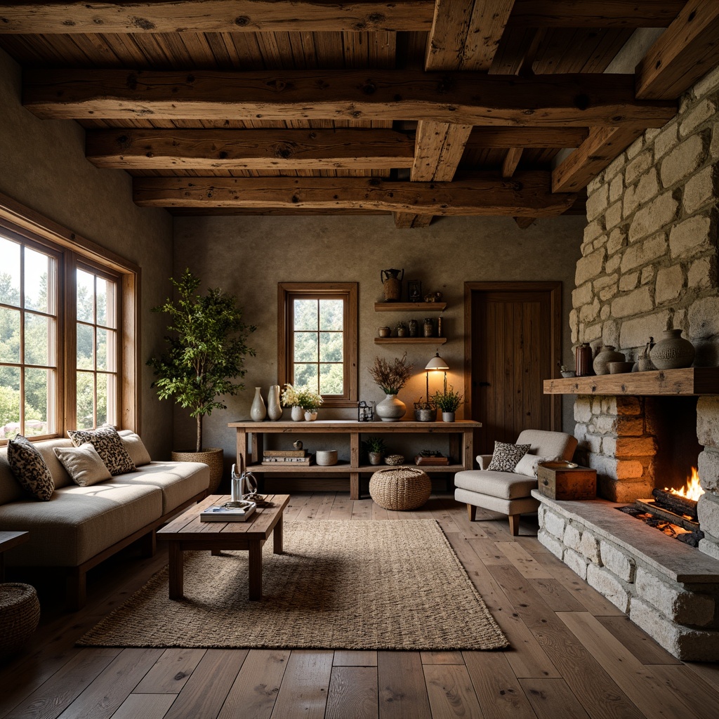 Prompt: Rustic luxurious cabin, reclaimed wooden planks, distressed stone walls, earthy color palette, natural textiles, woven baskets, vintage decorative items, candlelit ambiance, warm soft lighting, rich wood tones, rough-hewn wooden beams, exposed brickwork, industrial metal accents, cozy plush furnishings, nature-inspired patterns, organic shapes, subtle color contrast, 1/2 composition, shallow depth of field, realistic textures.