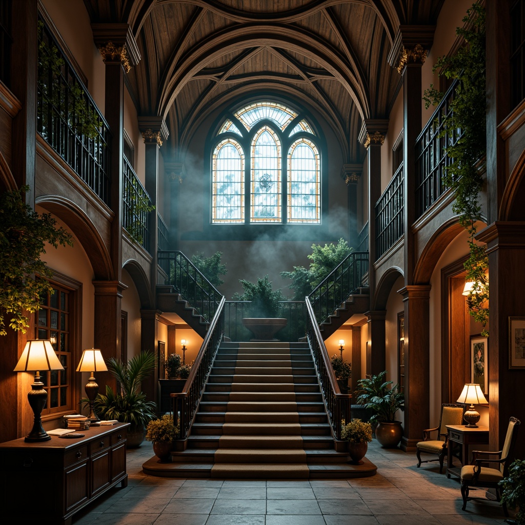 Prompt: Rich academic atmosphere, ornate Gothic arches, intricately carved wooden accents, warm golden lighting, dark wood paneling, mysterious crypt-like corridors, atmospheric foggy effects, dimly lit staircases, luxurious velvet drapes, mystical stained glass windows, ancient stone walls, weathered bronze fixtures, subtle earthy tones, mossy greenery, soft misty textures, 1/2 composition, low-key lighting, cinematic mood, realistic reflections.