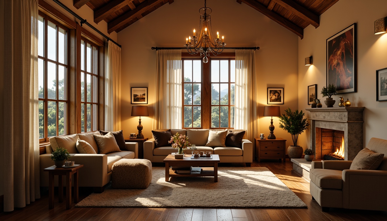 Prompt: Cozy living room, warm beige walls, comfortable sofas, rustic wooden coffee table, soft velvet armchairs, floor-to-ceiling windows, gentle natural light, warm golden lamp lighting, table lamps, floor lamps, dimmable LED lights, atmospheric shadows, dramatic high ceilings, elegant chandeliers, warm earthy tones, inviting textures, plush area rugs, quiet morning ambiance, subtle color palette, 1/1 composition, soft focus, warm color temperature, cinematic mood.