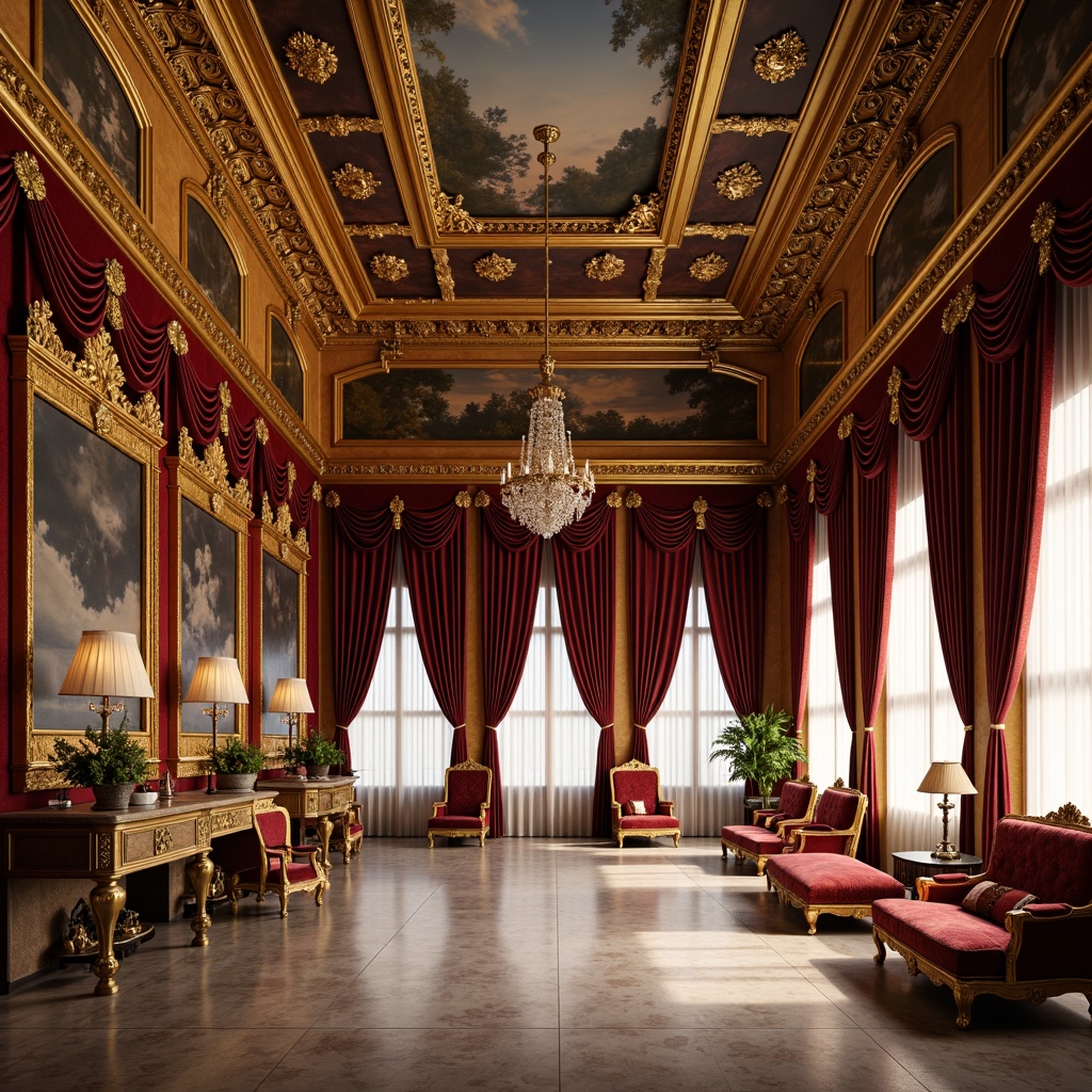 Prompt: Ornate palace interior, rich velvet drapes, golden gilded frames, intricately carved wooden furniture, luxurious silk upholstery, curved cabriole legs, ornamental mirrors, crystal chandeliers, marble floors, fresco ceilings, grandiose scale, dramatic lighting, warm golden tones, opulent textures, refined classicism, lavish decoration, regal ambiance, 1/1 composition, symmetrical arrangement, softbox lighting, realistic reflections.