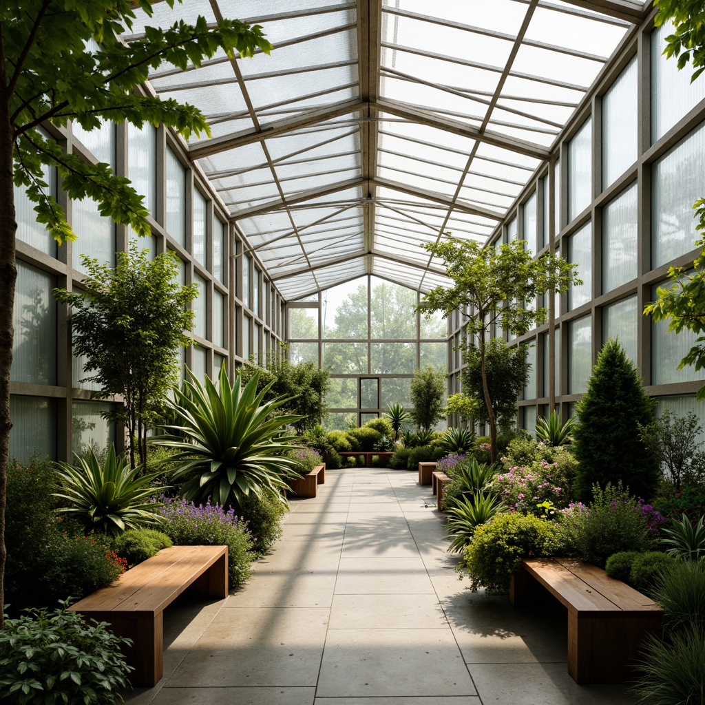 Prompt: Minimalist greenhouse, abundant natural light, sleek metal frames, transparent glass walls, lush greenery, exotic plants, modern wooden accents, industrial chic decor, reclaimed wood benches, earthy tone color palette, organic textures, soft warm lighting, shallow depth of field, 3/4 composition, panoramic view, realistic foliage rendering, ambient occlusion.