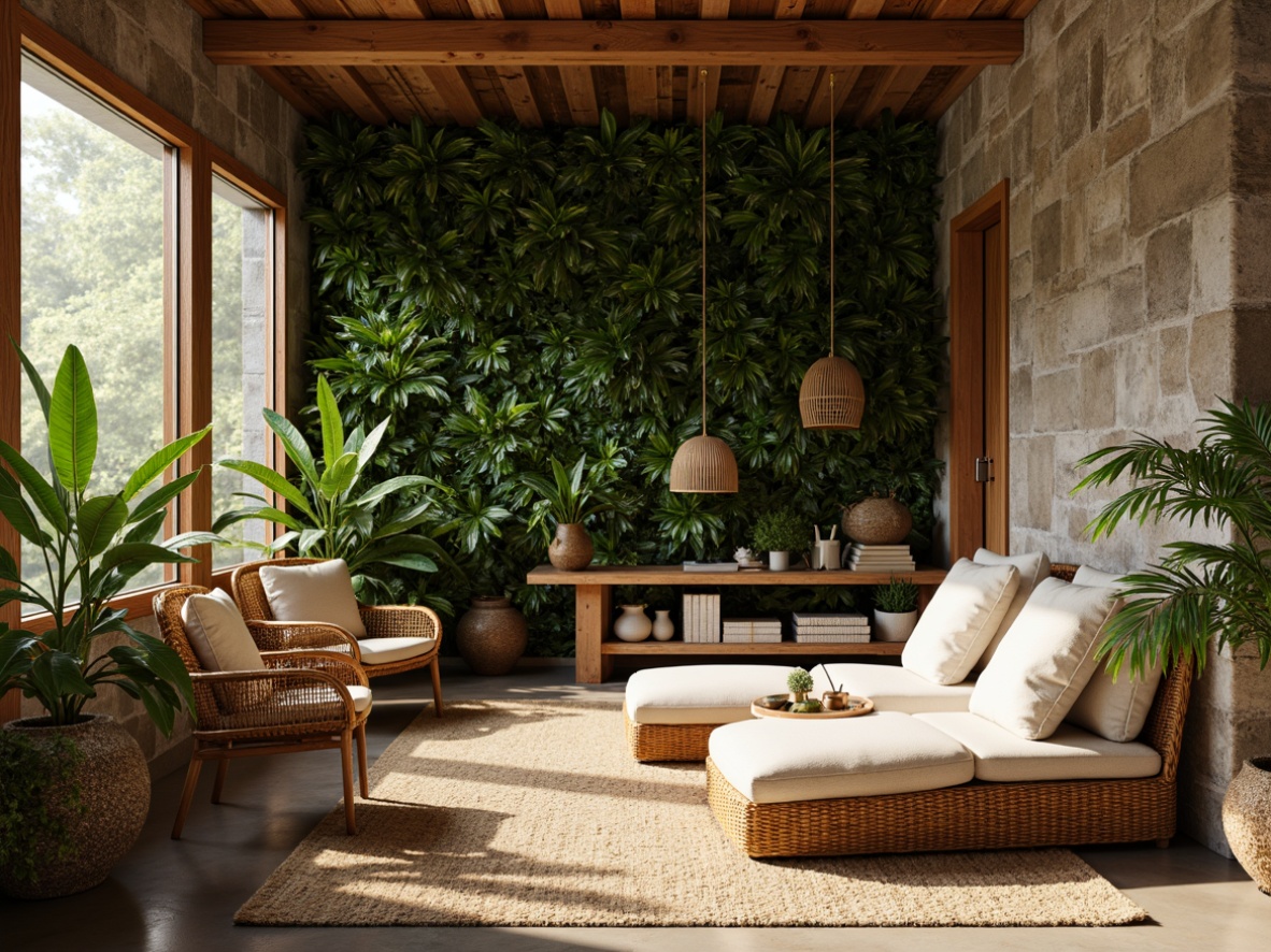 Prompt: Earthy tone, reclaimed wood accents, natural stone walls, organic textures, woven rattan furniture, living green walls, lush indoor plants, bamboo flooring, eco-friendly materials, minimalist decor, earthy color palette, warm soft lighting, cozy atmosphere, subtle shading, realistic rendering, 1/1 composition, intimate setting.