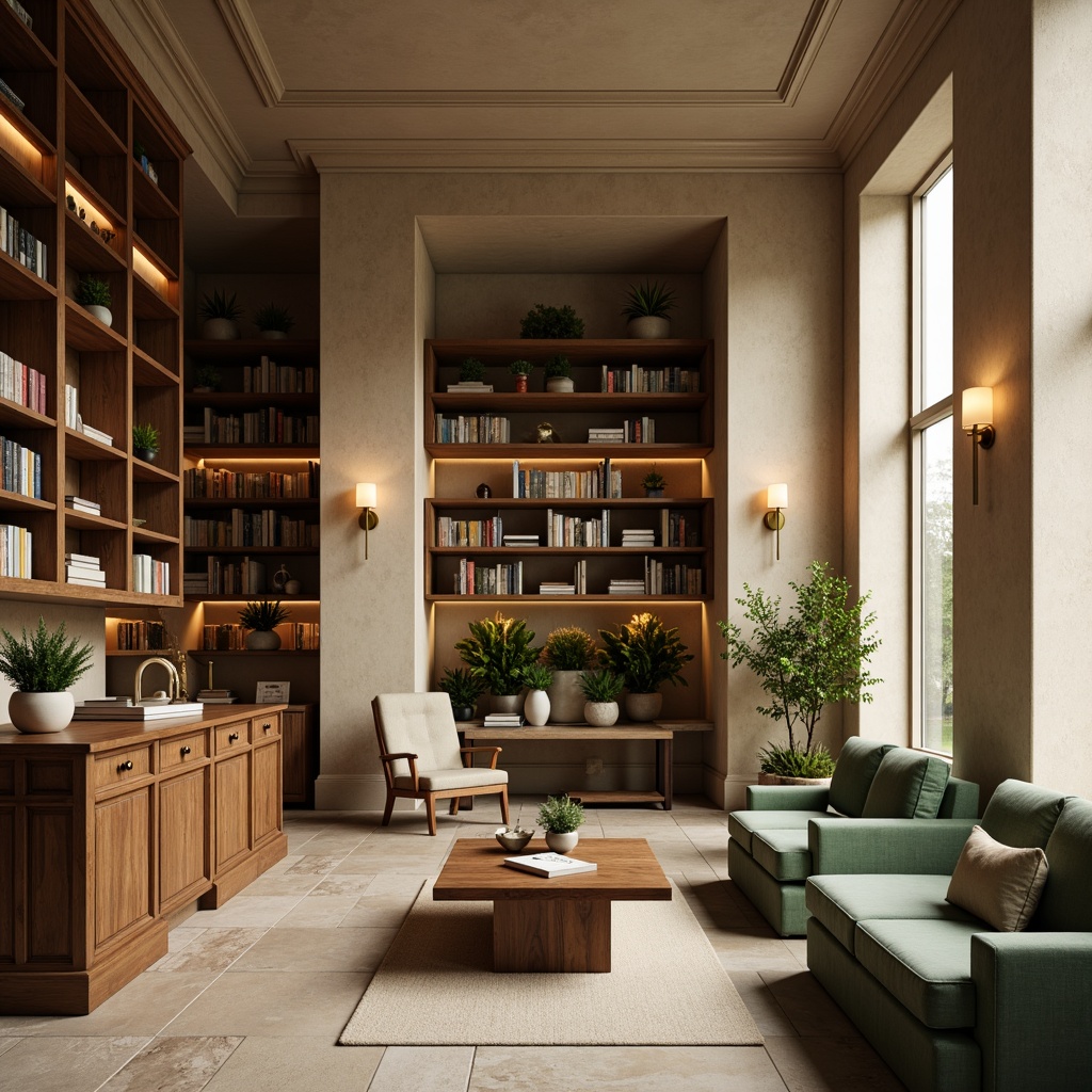 Prompt: Warm beige walls, rich walnut wood tones, soft sage green accents, comfortable velvet furniture, golden brass lighting fixtures, classic bookshelves, elegant reading nooks, subtle texture contrasts, natural stone flooring, large windows with diffused daylight, calm atmosphere, warm task lighting, 1/1 composition, shallow depth of field, realistic renderings.