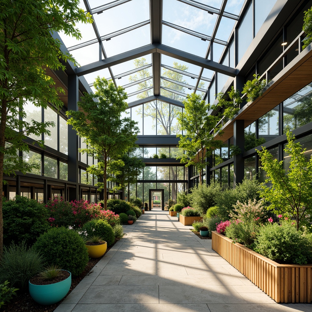 Prompt: Vibrant greenhouse interior, lush greenery, minimal modern architecture, sleek metal frames, large glass panels, natural stone flooring, wooden accents, pops of bright coral, turquoise, and yellow, geometric planters, industrial chic decor, ambient soft lighting, shallow depth of field, 3/4 composition, panoramic view, realistic textures, subtle color grading.