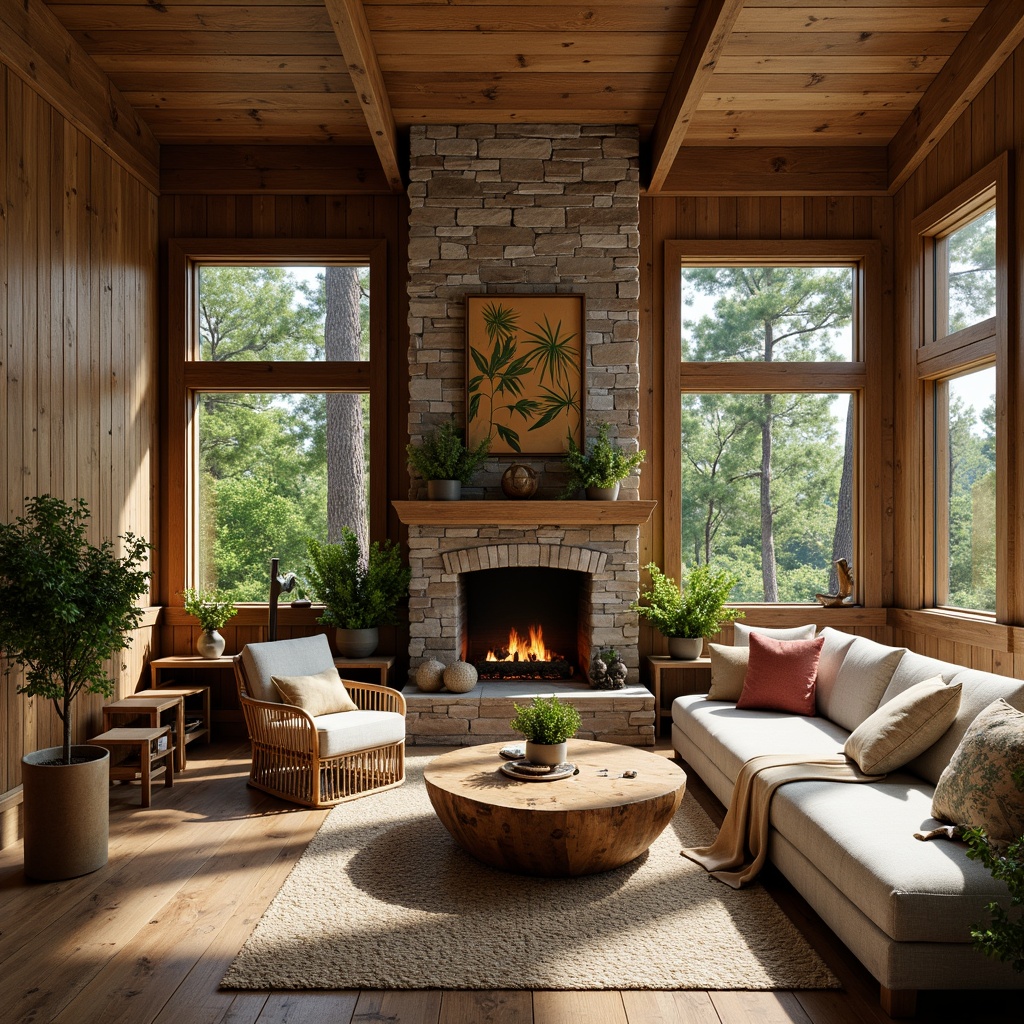 Prompt: Earth-toned cabin, reclaimed wood walls, stone fireplace, plush greenery, natural textiles, woven bamboo furniture, earthy color palette, organic shapes, handcrafted wooden decor, live edge wood accents, botanical prints, nature-inspired patterns, abundant sunlight, warm cozy ambiance, shallow depth of field, 3/4 composition, realistic textures, ambient occlusion.