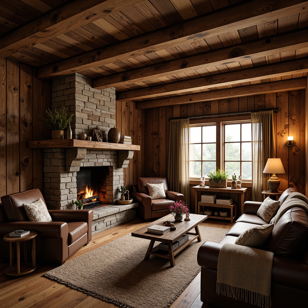 Prompt: Rustic cabin, wooden beams, reclaimed wood walls, stone fireplace, earthy color palette, natural textiles, woven baskets, vintage furniture, distressed metal accents, warm candlelight, cozy reading nook, plush throw blankets, rich leather upholstery, earthy scents, soft warm lighting, shallow depth of field, 2/3 composition, realistic textures, ambient occlusion.