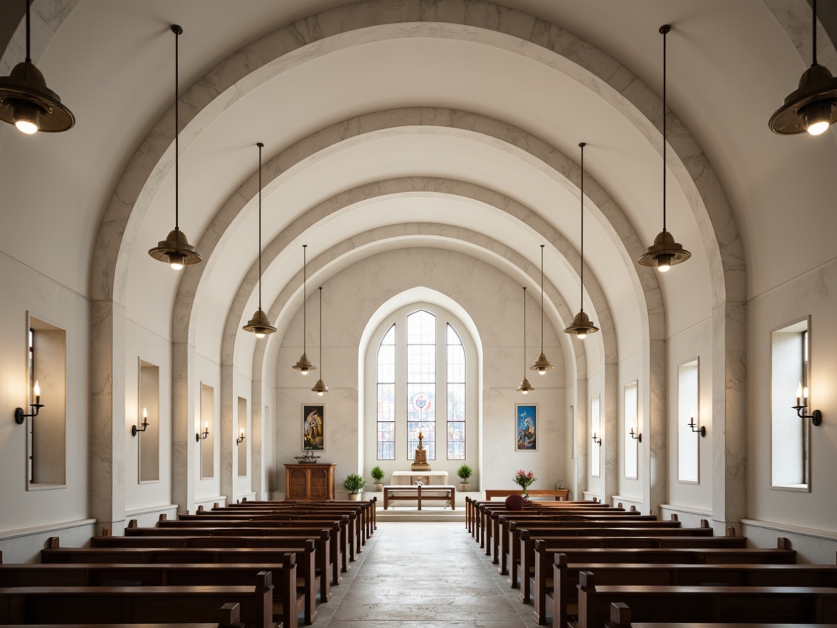 Prompt: Minimalist chapel, curved lines, white marble walls, stained glass windows, ornate metal fixtures, pendant lanterns, sconce lighting, ambient illumination, indirect lighting, subtle color palette, elegant chandeliers, slim columns, vaulted ceilings, arched doorways, tranquil atmosphere, natural stone flooring, wooden pews, sacred symbols, subtle textures, warm soft light, shallow depth of field, 1/2 composition, symmetrical framing.