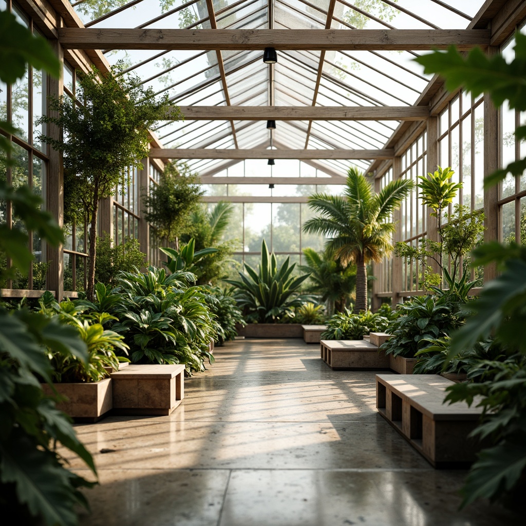 Prompt: Minimalist greenhouse interior, lush greenery, tropical plants, natural stone flooring, reclaimed wood accents, modern sleek furniture, low-profile planters, industrial metal benches, hanging macram\u00e9 planters, soft warm lighting, shallow depth of field, 3/4 composition, panoramic view, realistic textures, ambient occlusion.