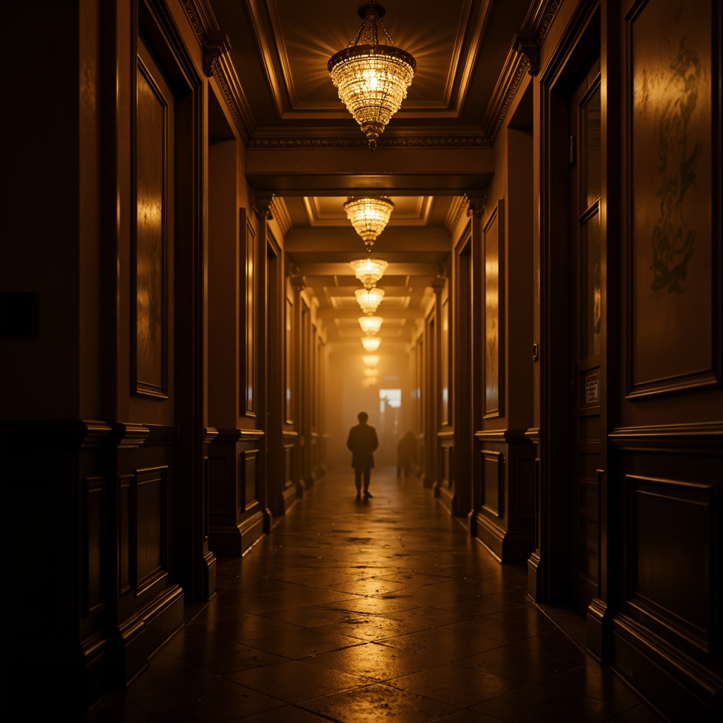 Prompt: Dimly lit corridors, warm golden lighting, soft shadows, mysterious ambiance, luxurious materials, rich wood tones, ornate metal fixtures, crystal chandeliers, subtle color gradients, atmospheric fog, dramatic spotlighting, cinematic composition, high contrast ratios, moody color palette, sensual textures, intricate patterns, ambient soundscape, whispering winds, eerie silence.