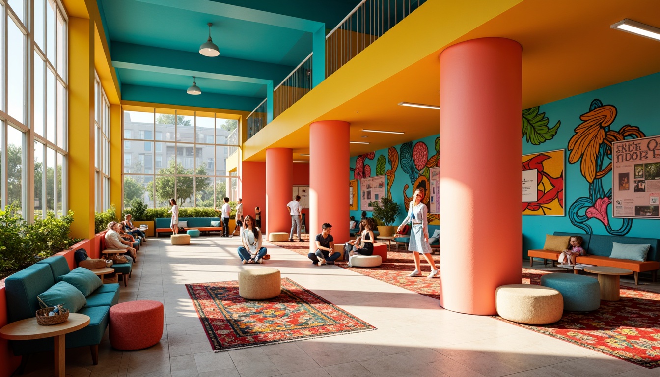 Prompt: Vibrant student hall, bold expressionist architecture, bright coral walls, turquoise accents, sunny yellow ceilings, sky blue windows, geometric patterned floors, abstract murals, eclectic furniture, colorful rug patterns, lively atmosphere, natural light pouring in, warm glow lighting, shallow depth of field, 1/1 composition, dynamic camera angles, realistic textures, ambient occlusion.