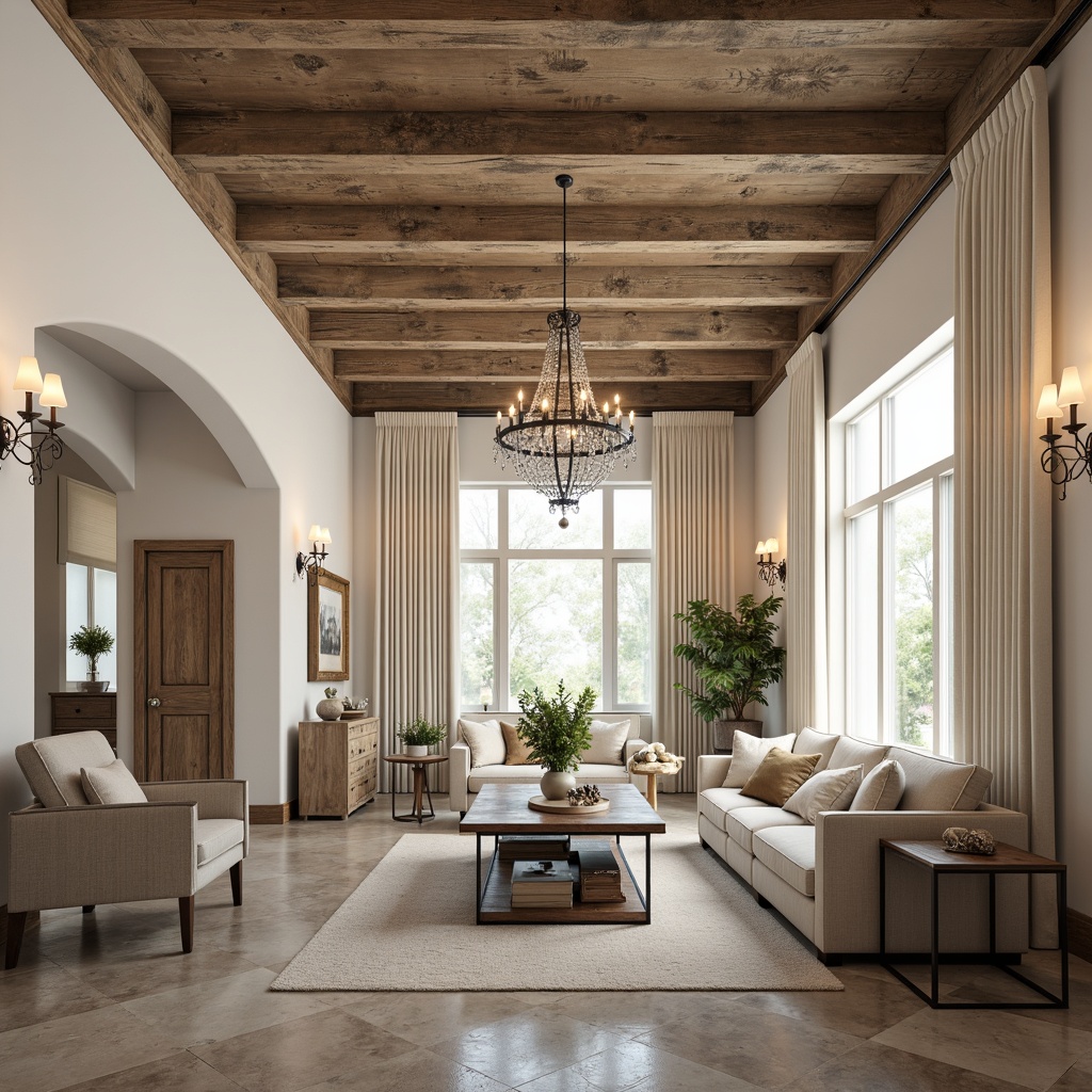 Prompt: Transitional interior, elegant chandeliers, refined pendant lights, ornate sconces, distressed wood accents, neutral color palette, creamy whites, warm beige tones, luxurious fabrics, velvet drapes, linen upholstery, natural stone flooring, rustic wooden beams, coffered ceilings, sophisticated metalwork, subtle crystal embellishments, soft warm glow, ambient illumination, 1/1 composition, realistic textures, subtle shadows.