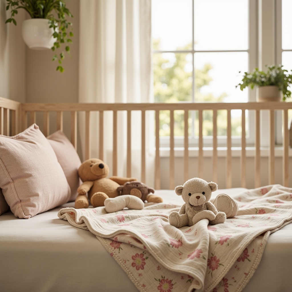 Prompt: Soft baby blankets, plush toys, gentle pastel colors, delicate floral patterns, warm beige walls, creamy white furniture, cozy reading nook, natural wood crib, soothing ambient lighting, calming color palette, organic cotton fabrics, breathable mesh materials, hypoallergenic fibers, tender velvet textures, serene atmosphere, peaceful nursery setting, gentle morning sunlight, 1/2 composition, intimate framing, soft focus, warm color grading.