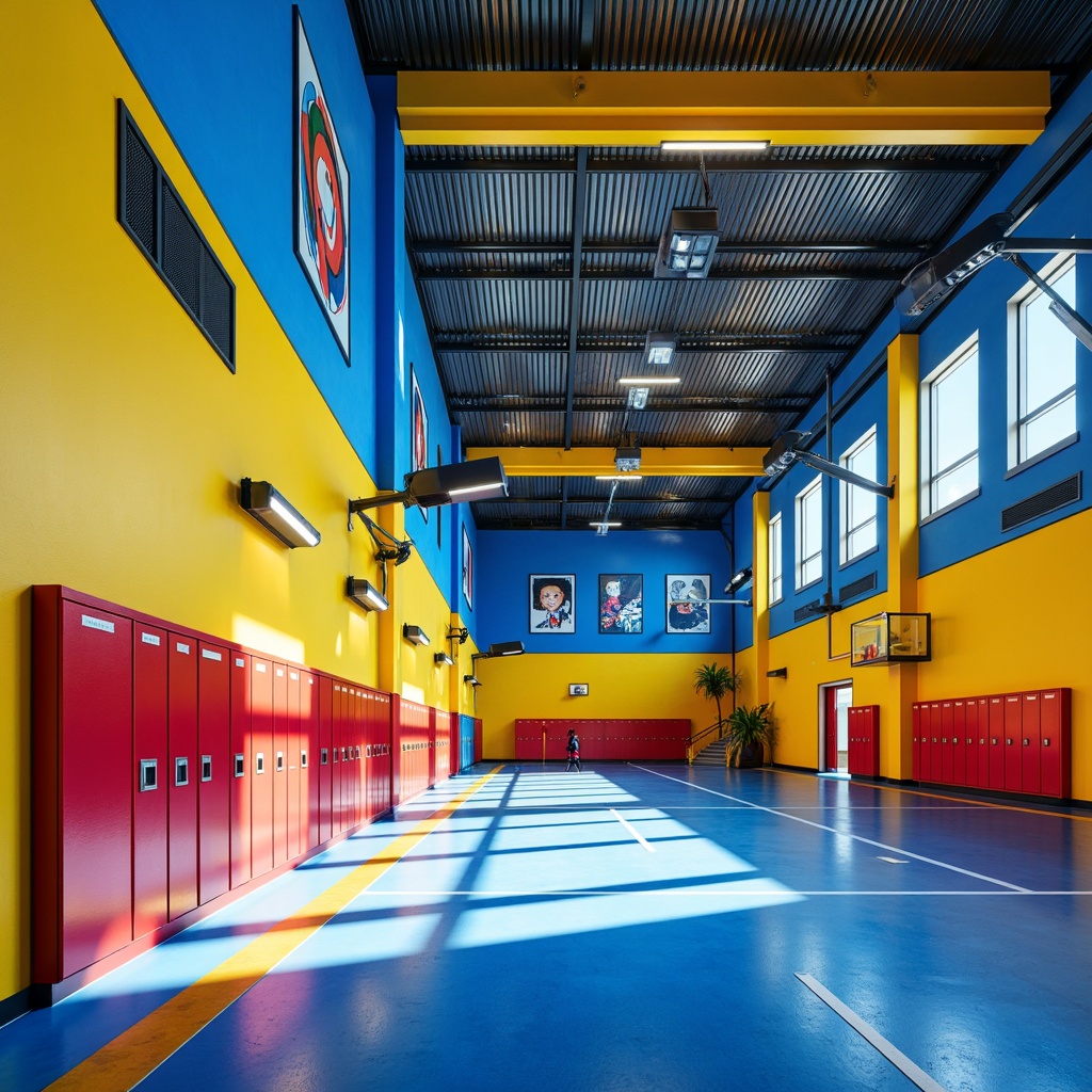 Prompt: Vibrant gymnasium interior, postmodernist architecture, bold color blocking, neon hues, electric blue accents, sunny yellow walls, deep red lockers, sleek metal beams, polished concrete floors, geometric patterns, abstract murals, futuristic lighting fixtures, dynamic shadows, shallow depth of field, 1/1 composition, realistic textures, ambient occlusion.