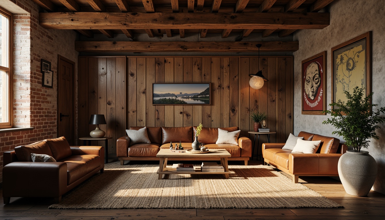 Prompt: Reclaimed wooden planks, distressed textures, earthy tone color palette, natural stone walls, rough-hewn beams, vintage metal accents, rustic leather upholstery, woven jute rugs, warm candlelight, soft warm glow, shallow depth of field, 1/1 composition, realistic wood grain, ambient occlusion.