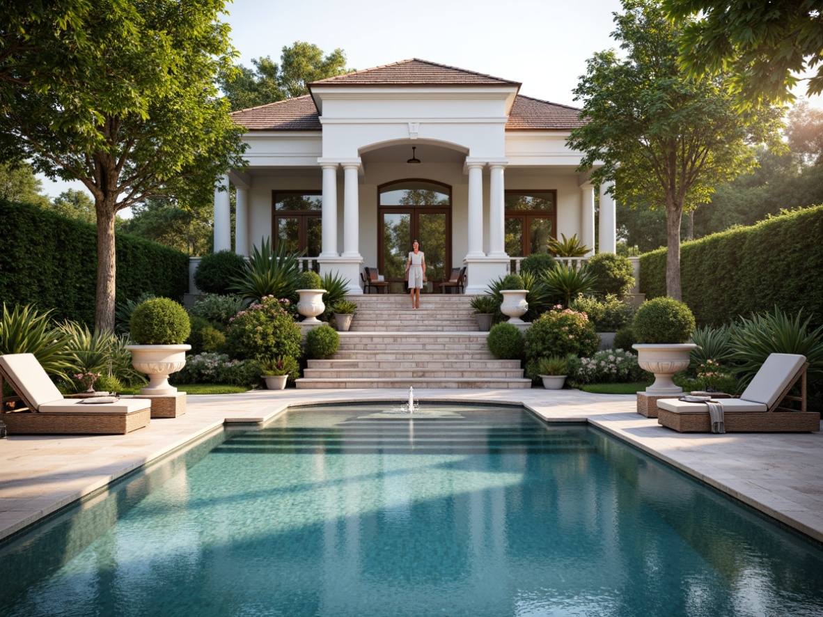 Prompt: Elegant swimming pool, symmetrical layout, ornate fountains, lush greenery, vibrant flowers, statuesque decor, natural stone coping, travertine decking, curved staircases, grandiose entrance, regal columns, soft warm lighting, shallow depth of field, 3/4 composition, panoramic view, realistic textures, ambient occlusion, serene ambiance, peaceful surroundings, idyllic atmosphere.