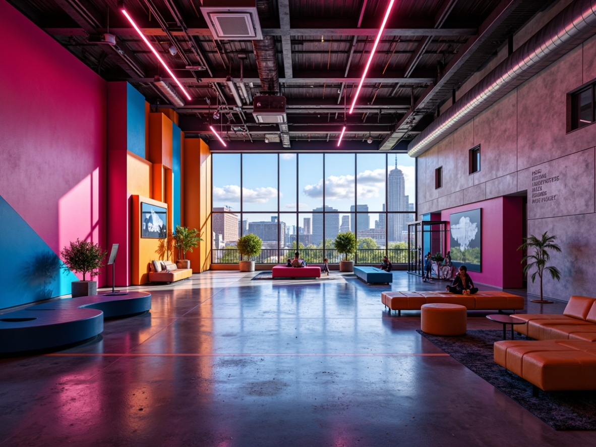 Prompt: Vibrant gymnasium interior, postmodernist architecture, bold color blocking, neon lighting accents, metallic mesh ceilings, industrial-style ductwork, polished concrete floors, abstract geometric patterns, dynamic shadows, high-contrast lighting, dramatic spotlights, ambient occlusion, realistic reflections, 3/4 composition, cinematic camera angles, gritty textures, modernist furniture designs, athletic equipment silhouettes, motivational quotes on walls, urban cityscape views, sunny day with clouds.