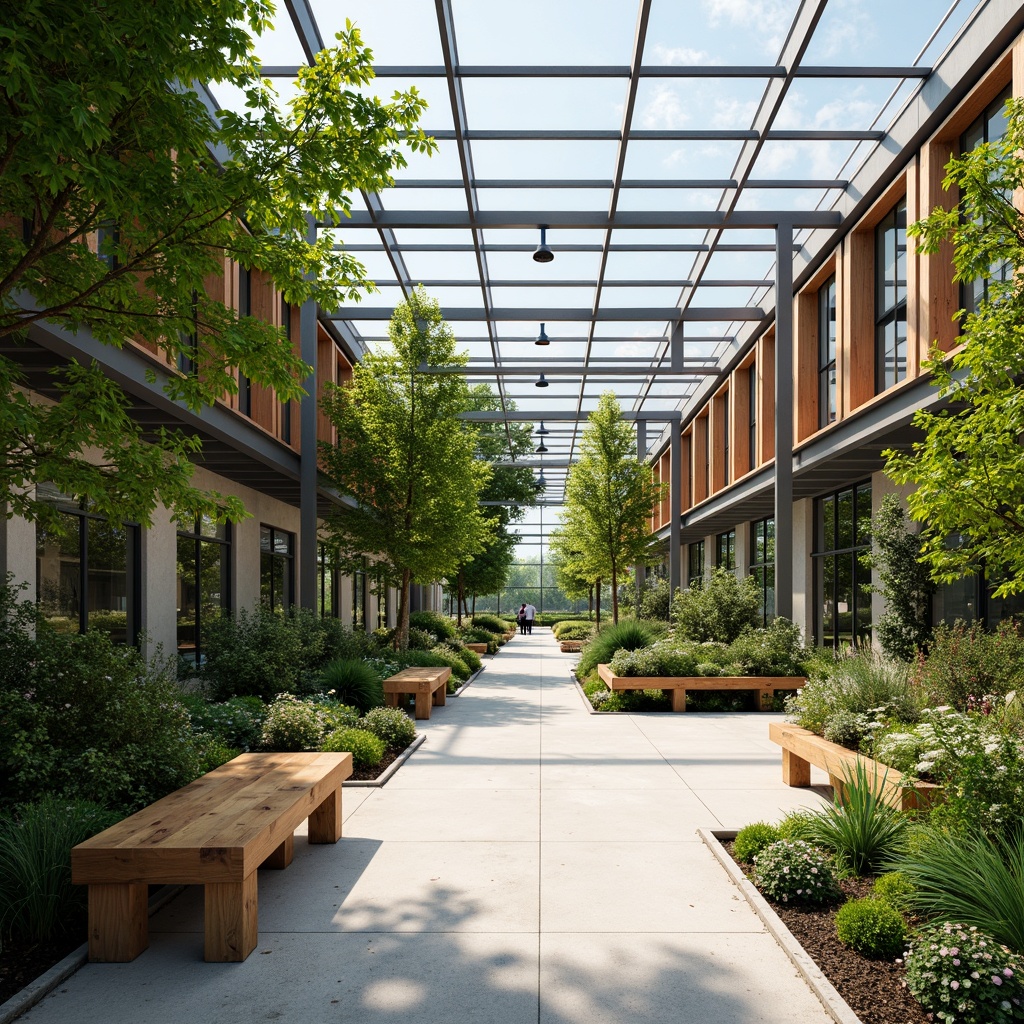 Prompt: Minimalist open space, lush greenery, natural light, industrial metal frames, glass roofs, reclaimed wood accents, modern benches, potted plants, living walls, eco-friendly materials, sustainable design, serene atmosphere, soft warm lighting, shallow depth of field, 3/4 composition, panoramic view, realistic textures, ambient occlusion.