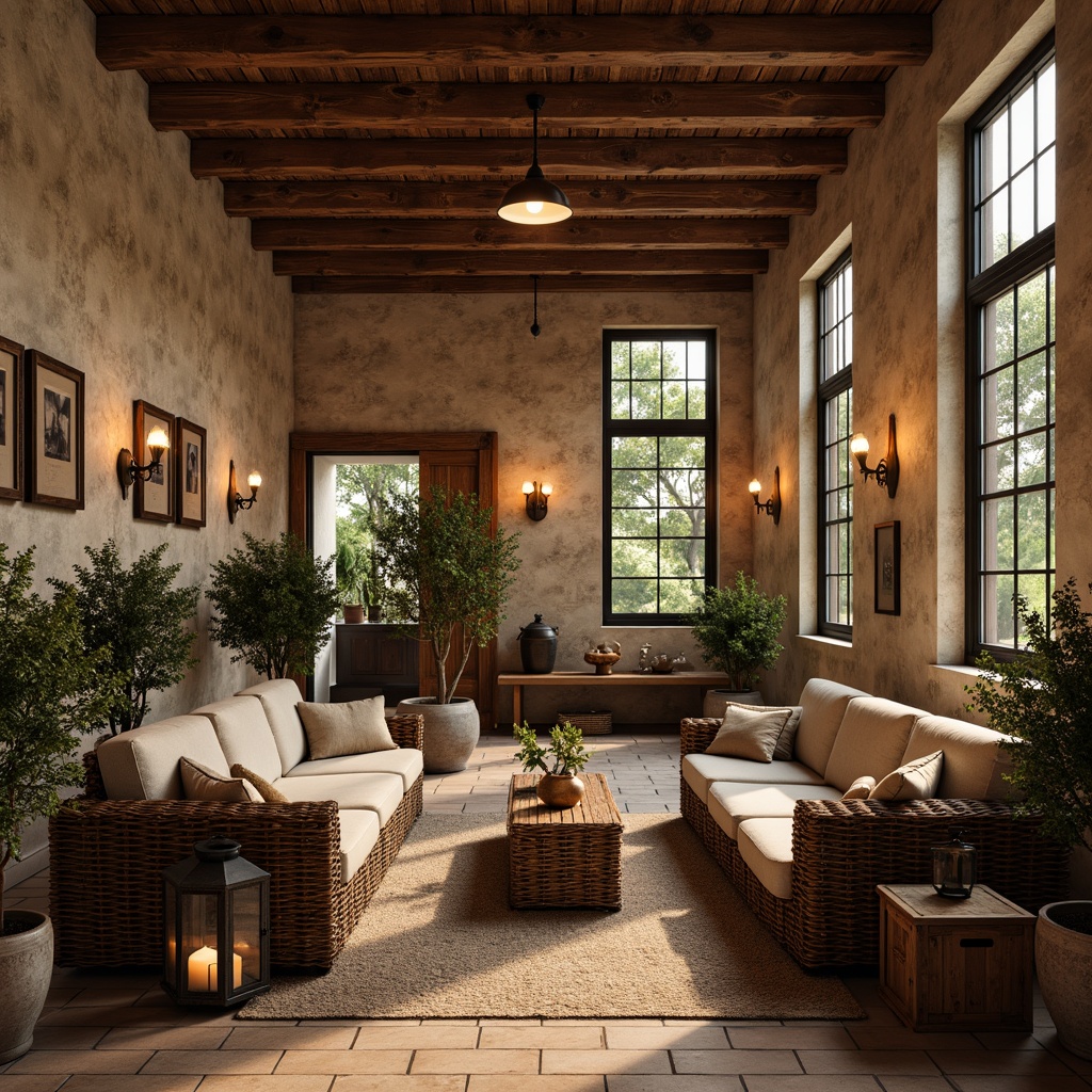 Prompt: Rustic factory interior, distressed wood accents, reclaimed wooden beams, earthy tone walls, ceramic tile flooring, ornate metalwork, woven wicker furniture, plush velvet upholstery, natural linen fabrics, vintage industrial lighting, metal lanterns, wooden crates, potted olive trees, warm golden lighting, shallow depth of field, 1/1 composition, realistic textures, ambient occlusion.