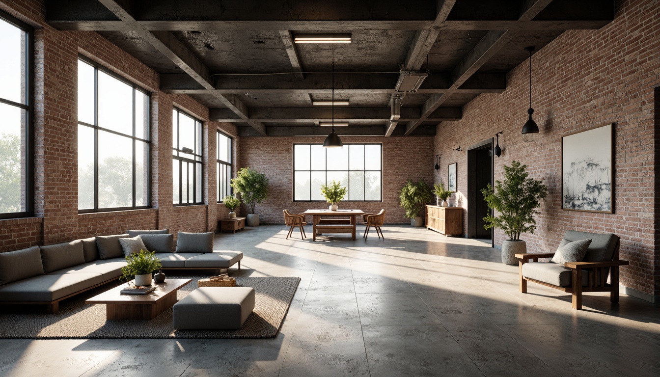 Prompt: Industrial warehouse space, minimalist decor, Scandinavian aesthetic, reclaimed wood accents, exposed brick walls, metal beams, polished concrete floors, modern pendant lighting, monochromatic color scheme, cozy textiles, oversized windows, natural light pouring in, warm atmosphere, subtle shadows, shallow depth of field, 1/1 composition, realistic rendering.