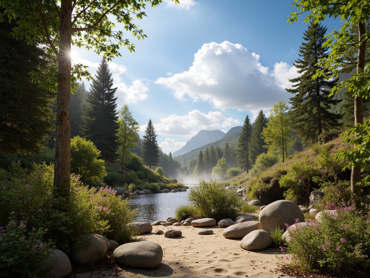 Prompt: Earthy tones, forest floor, mossy greens, weathered wood, sky blue, fluffy clouds, sandy beige, driftwood grey, river rock, botanical blooms, warm sunlight, soft mist, atmospheric perspective, 1/2 composition, cinematic lighting, detailed textures, subtle color grading.