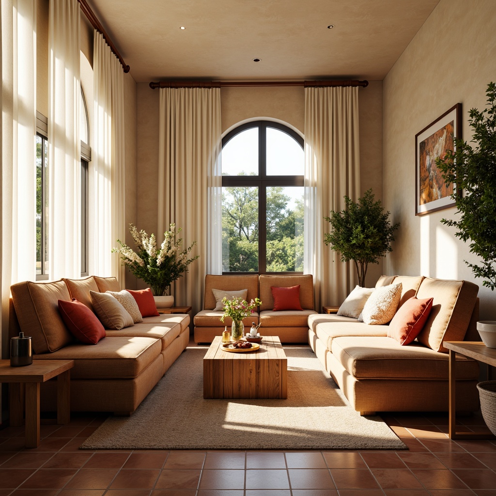 Prompt: Cozy living room, plush sofas, velvet armchairs, wooden coffee tables, soft cushions, Moroccan-inspired tiles, warm beige walls, natural light pouring in, large windows, sheer white curtains, elegant floor lamps, modern minimalist decor, subtle textures, inviting atmosphere, relaxed ambiance, comfortable seating, stylish accents, metallic side tables, vibrant throw pillows, lush greenery, blooming flowers, warm sunny day, soft warm lighting, shallow depth of field, 3/4 composition, realistic render.