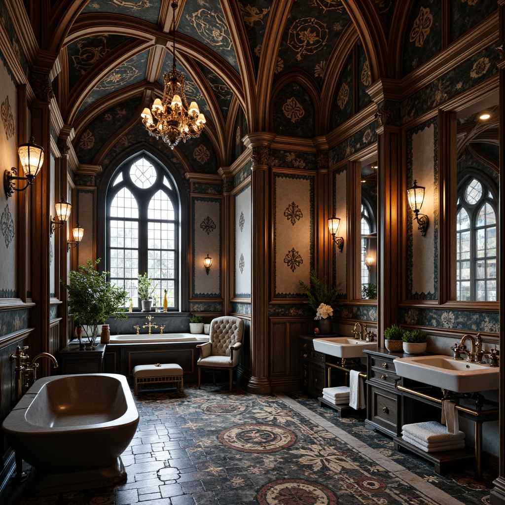 Prompt: Elegant Gothic bathroom, ornate tile patterns, mysterious dark colors, golden accents, fleur-de-lis motifs, arched windows, vaulted ceilings, lavish chandeliers, intricate mosaics, hexagonal tiles, herringbone designs, luxurious marble surfaces, rich wood cabinetry, ornamental metalwork, dramatic lighting, 1/1 composition, shallow depth of field, warm soft focus.