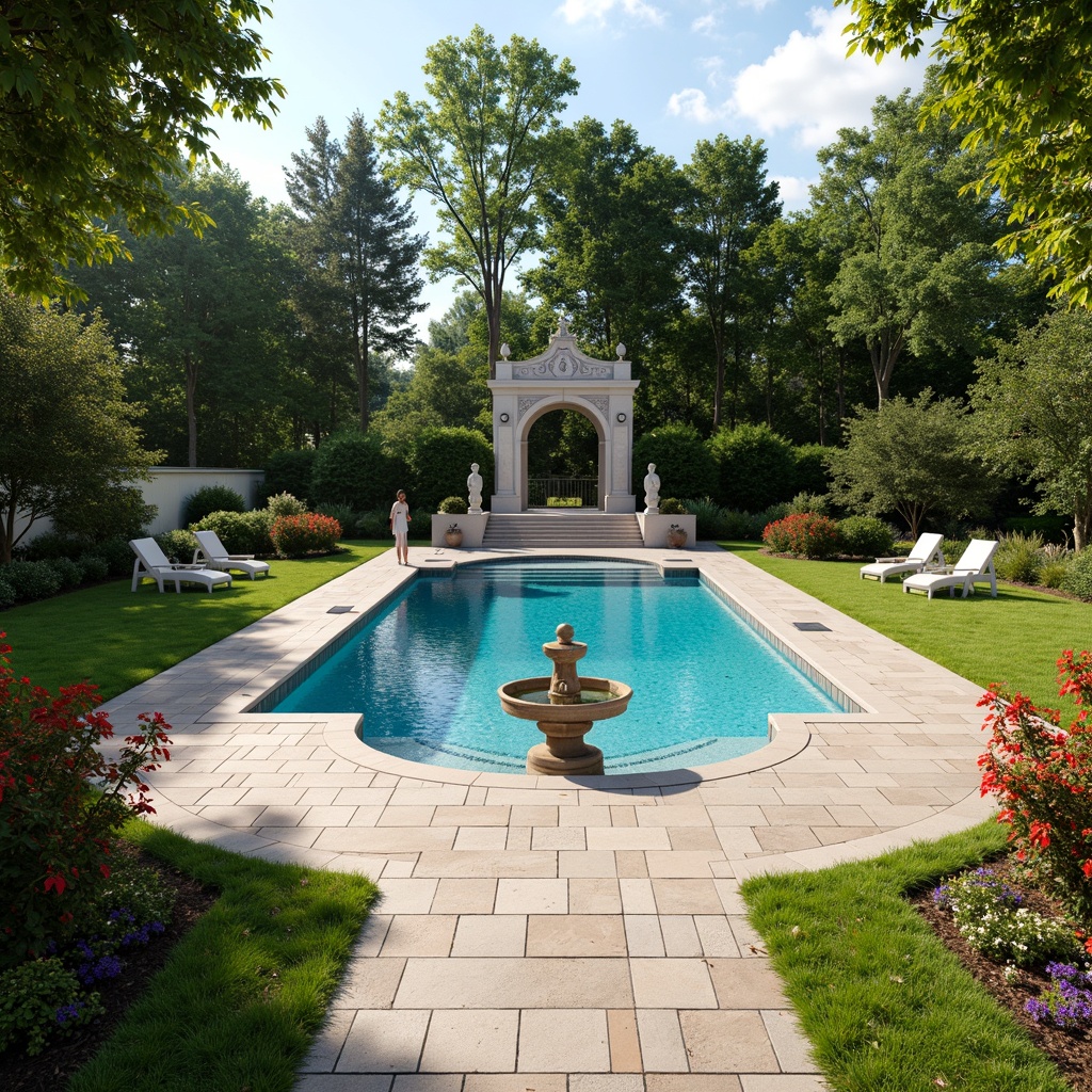 Prompt: Elegant swimming pool, symmetrical fountain, ornate statues, manicured lawns, vibrant flowers, curved pathways, natural stone coping, travertine decks, classic columns, arched gates, wrought iron fencing, lush greenery, serene atmosphere, warm sunlight, shallow depth of field, 3/4 composition, panoramic view, realistic textures, ambient occlusion.