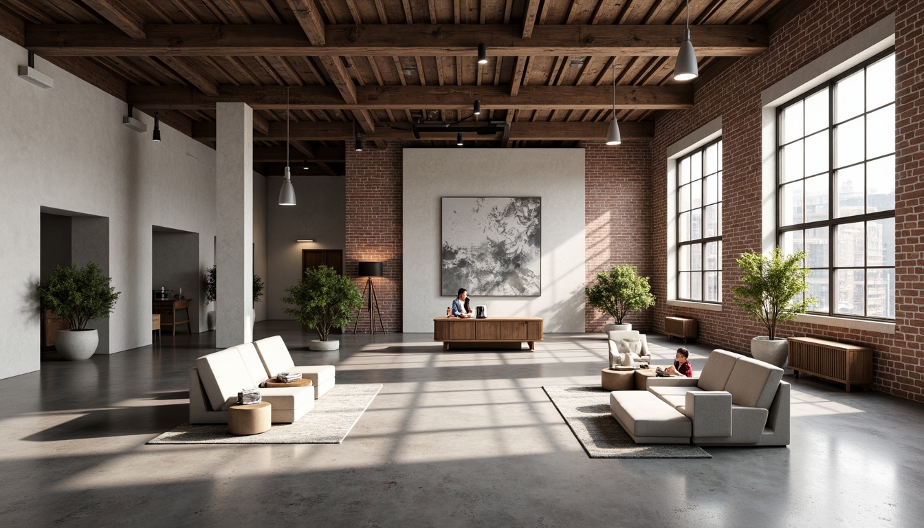 Prompt: Industrial warehouse space, Scandinavian minimalism, exposed brick walls, polished concrete floors, high ceilings, large metal windows, reclaimed wood accents, monochromatic color scheme, sparse decor, sleek modern furniture, functional lighting fixtures, geometric textiles, abstract artwork, Nordic-inspired decorative elements, natural materials, earthy tones, soft warm lighting, shallow depth of field, 3/4 composition, panoramic view, realistic textures, ambient occlusion.