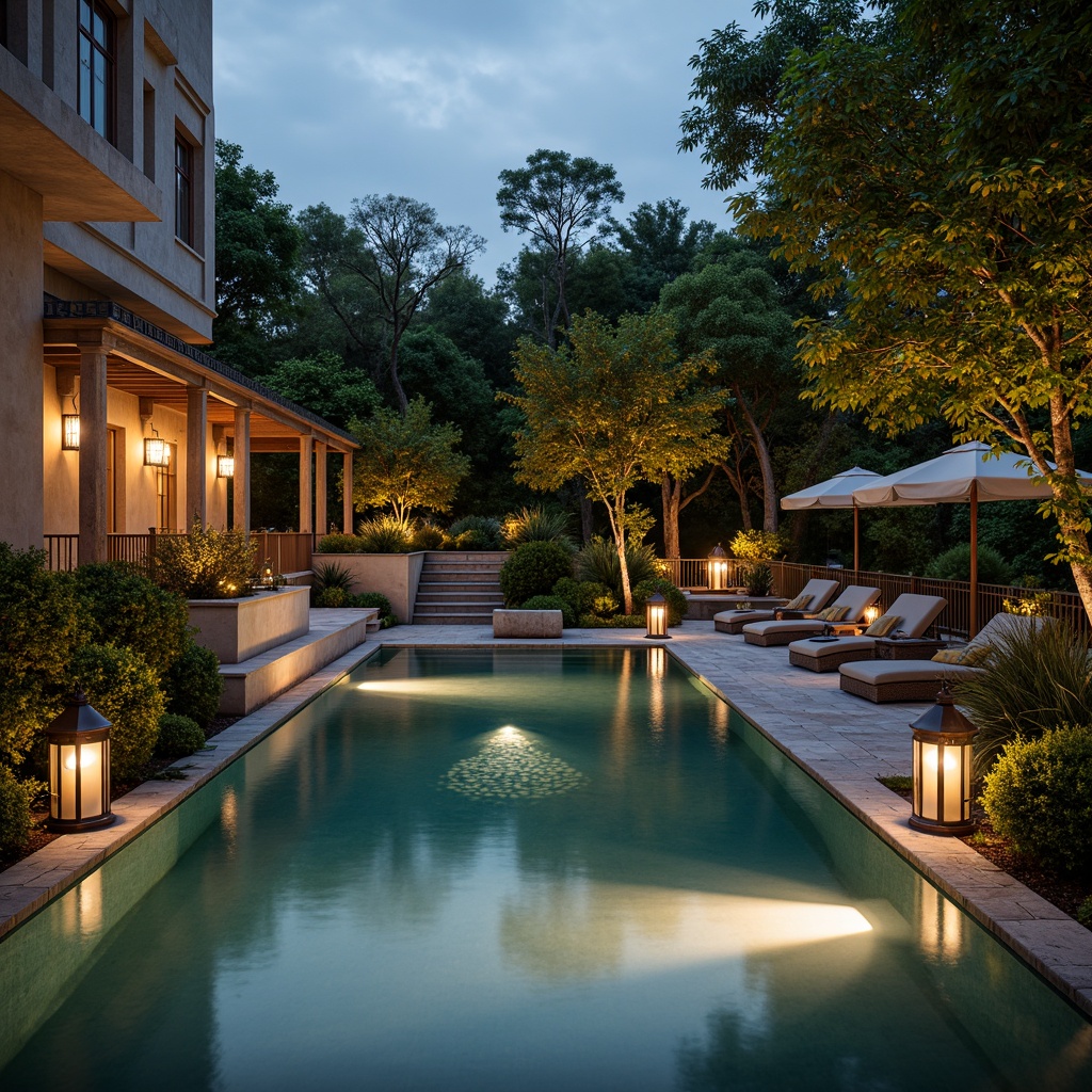 Prompt: Elegant poolside, lush greenery, ornate lanterns, warm golden lighting, soft shadows, rustic stone coping, classic Roman-inspired architecture, symmetrical design, grand staircases, majestic columns, refined water features, gentle ripples, serene ambiance, warm beige tones, natural textures, subtle color palette, dramatic nighttime illumination, uplighting, sidelighting, pool deck loungers, comfortable outdoor seating, tranquil atmosphere, peaceful surroundings.