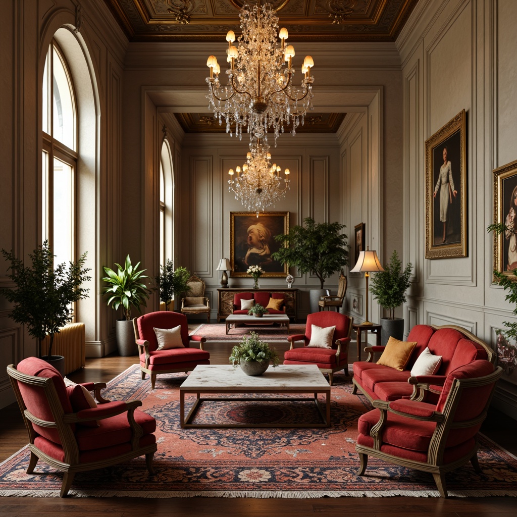 Prompt: Elegant living room, ornate furnishings, velvet sofas, carved wooden armchairs, gilded frames, crystal chandeliers, marble coffee tables, richly patterned rugs, neoclassical archways, columned walls, soft warm lighting, shallow depth of field, 2/3 composition, symmetrical arrangement, realistic textures, ambient occlusion.