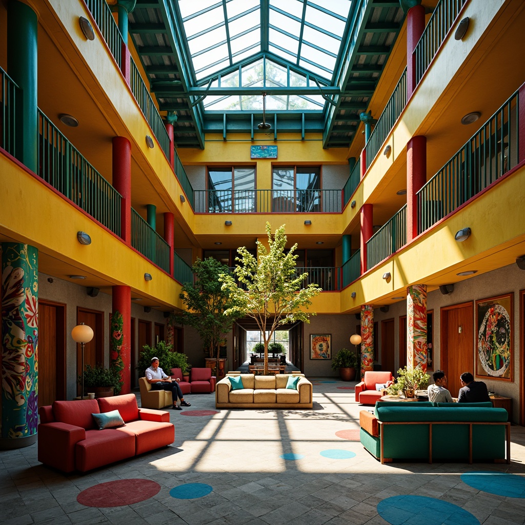 Prompt: Vibrant student hall, expressionist architecture, bold color palette, bright yellow walls, deep blue accents, fiery red columns, emerald green roofs, ornate wooden doors, eclectic furniture, abstract art pieces, playful graffiti, industrial metal beams, exposed brick textures, dramatic shadows, warm soft lighting, shallow depth of field, 1/1 composition, dynamic camera angles, moody atmosphere.