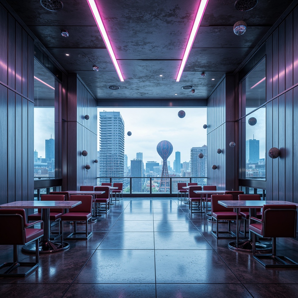 Prompt: Futuristic interior space, sleek metal walls, polished concrete floors, ambient neon lights, glowing LED strips, holographic projections, levitating orbs, iridescent color schemes, immersive virtual reality experiences, minimalist decor, futuristic furniture designs, transparent glass tables, chromed steel chairs, soft diffused lighting, 3D laser-cut decorations, atmospheric fog effects, panoramic cityscape views, realistic reflections, high-dynamic-range rendering.