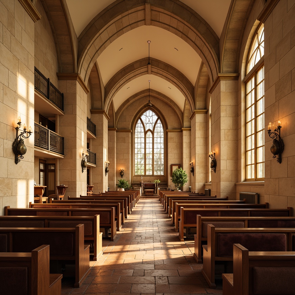 Prompt: Warm beige stone walls, rich wood accents, soft cream ceilings, elegant stained glass windows, subtle golden lighting, ornate metal fixtures, luxurious velvet upholstery, distressed wooden pews, rustic terracotta floors, earthy brown carpeting, serene atmosphere, warm natural light, 1/1 composition, symmetrical architecture, realistic textures, ambient occlusion.