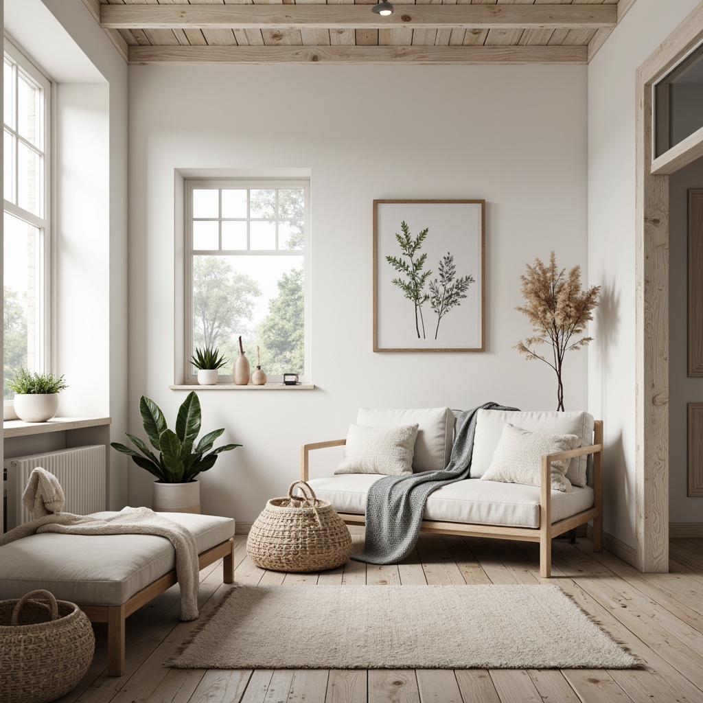 Prompt: Light-filled Nordic interior, creamy whites, warm beiges, soft grays, muted blues, pale woods, natural textiles, woven baskets, rustic accents, distressed finishes, cozy throw blankets, minimalist decor, airy spaces, large windows, sheer curtains, botanical prints, abstract art pieces, subtle patterns, warm candlelight, 1/1 composition, realistic textures, ambient occlusion.