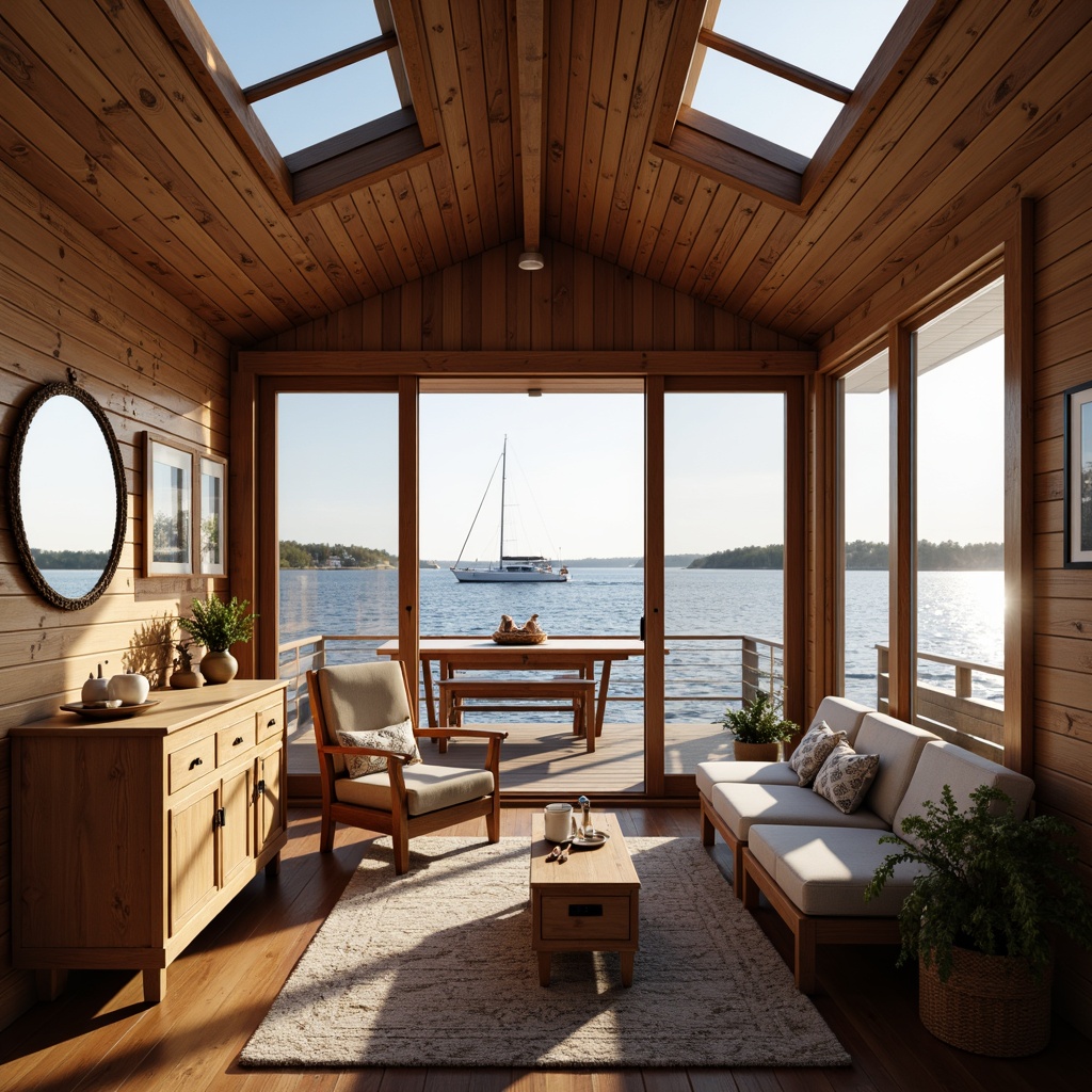 Prompt: Cozy boathouse interior, wooden accents, nautical decor, large windows, skylights, sliding glass doors, waterfront views, natural light pouring in, reflective water-inspired color palette, calming atmosphere, minimal obstruction, open floor plan, elevated ceilings, clerestory windows, soft warm lighting, shallow depth of field, 1/1 composition, panoramic view, realistic textures, ambient occlusion.