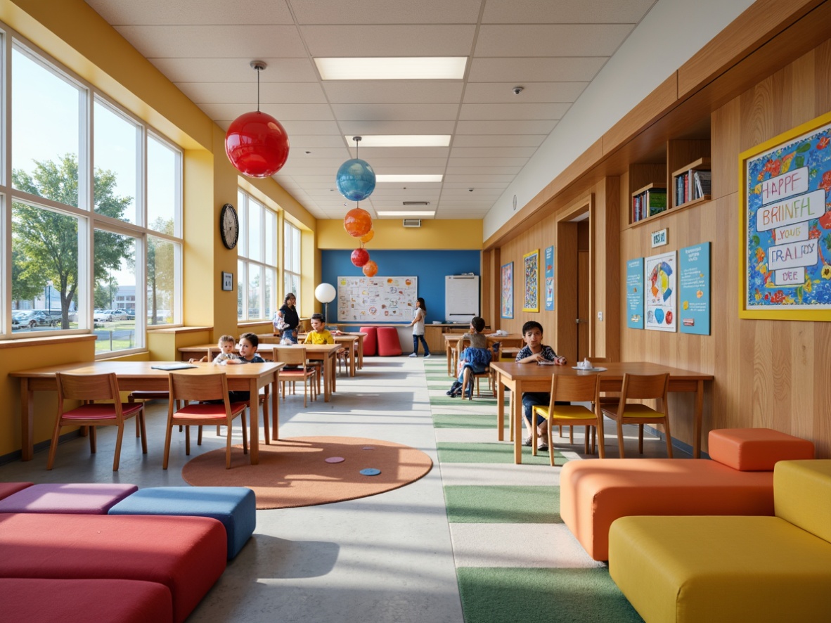 Prompt: Vibrant elementary school interior, colorful classrooms, ergonomic student chairs, wooden desks, collaborative learning tables, soft cushioned sofas, inspirational educational posters, interactive whiteboards, stimulating activity centers, cozy reading nooks, flexible modular shelving, durable rubber flooring, natural wood accents, playful kid-friendly decorations, cheerful lighting fixtures, 1/1 composition, warm and inviting atmosphere, realistic textures, ambient occlusion.