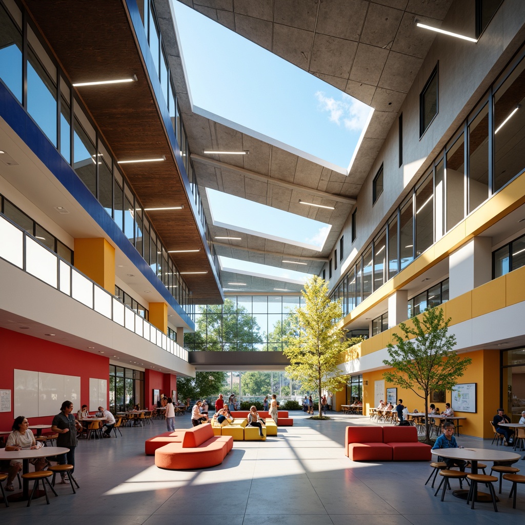 Prompt: Modern high school interior, vibrant color scheme, energetic atmosphere, suspended ceilings, linear lighting fixtures, LED strips, frosted glass panels, natural daylight, clerestory windows, open floor plans, collaborative learning spaces, flexible seating arrangements, writable walls, interactive whiteboards, soft warm lighting, shallow depth of field, 3/4 composition, panoramic view, realistic textures, ambient occlusion.